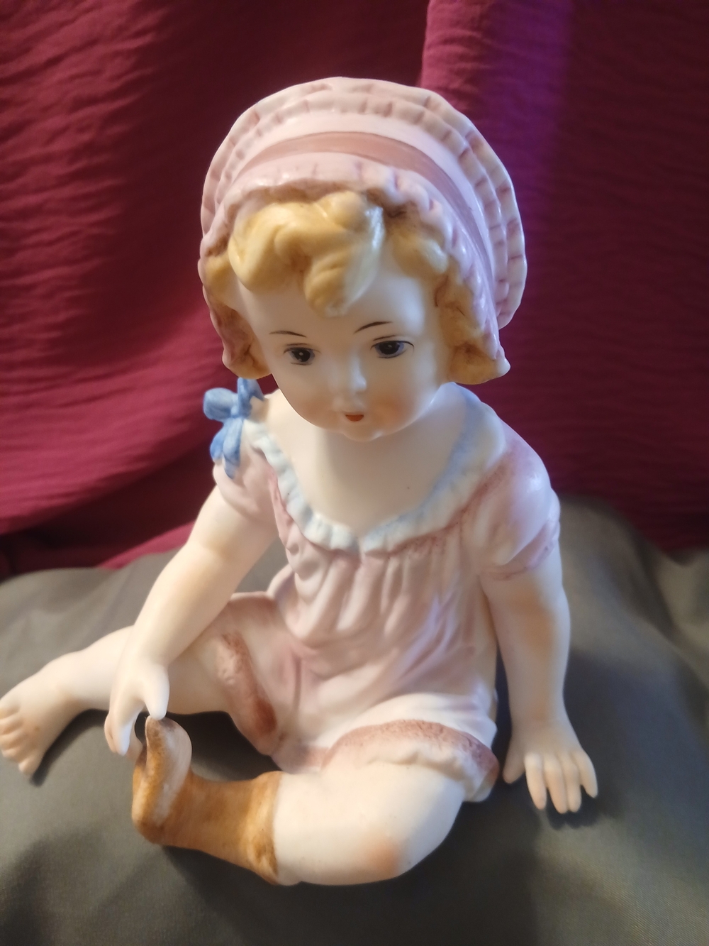 Porcelain Girl Figurine in Pink Bonnet - Decorative Home Art Sculpture